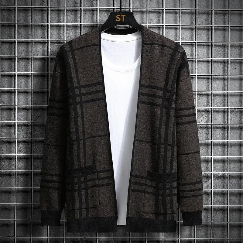 Men's grey plaid open-front cardigan, a comfortable and stylish layering sweater.