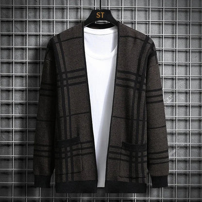 Men's grey plaid open-front cardigan, a comfortable and stylish layering sweater.