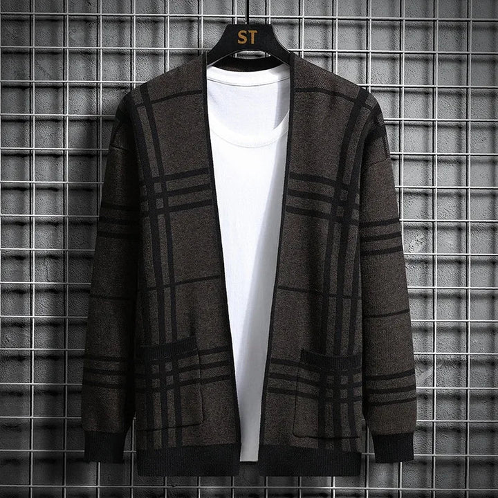 Men's grey plaid open-front cardigan, a comfortable and stylish layering sweater.