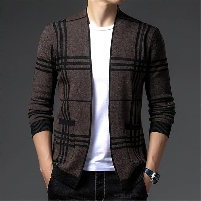 Stylish men's open-front plaid cardigan sweater for effortless, versatile layering.