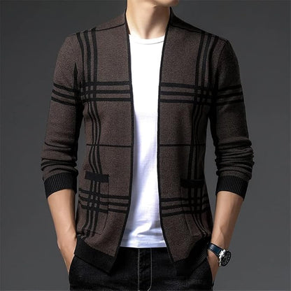 Stylish men's open-front plaid cardigan sweater for effortless, versatile layering.