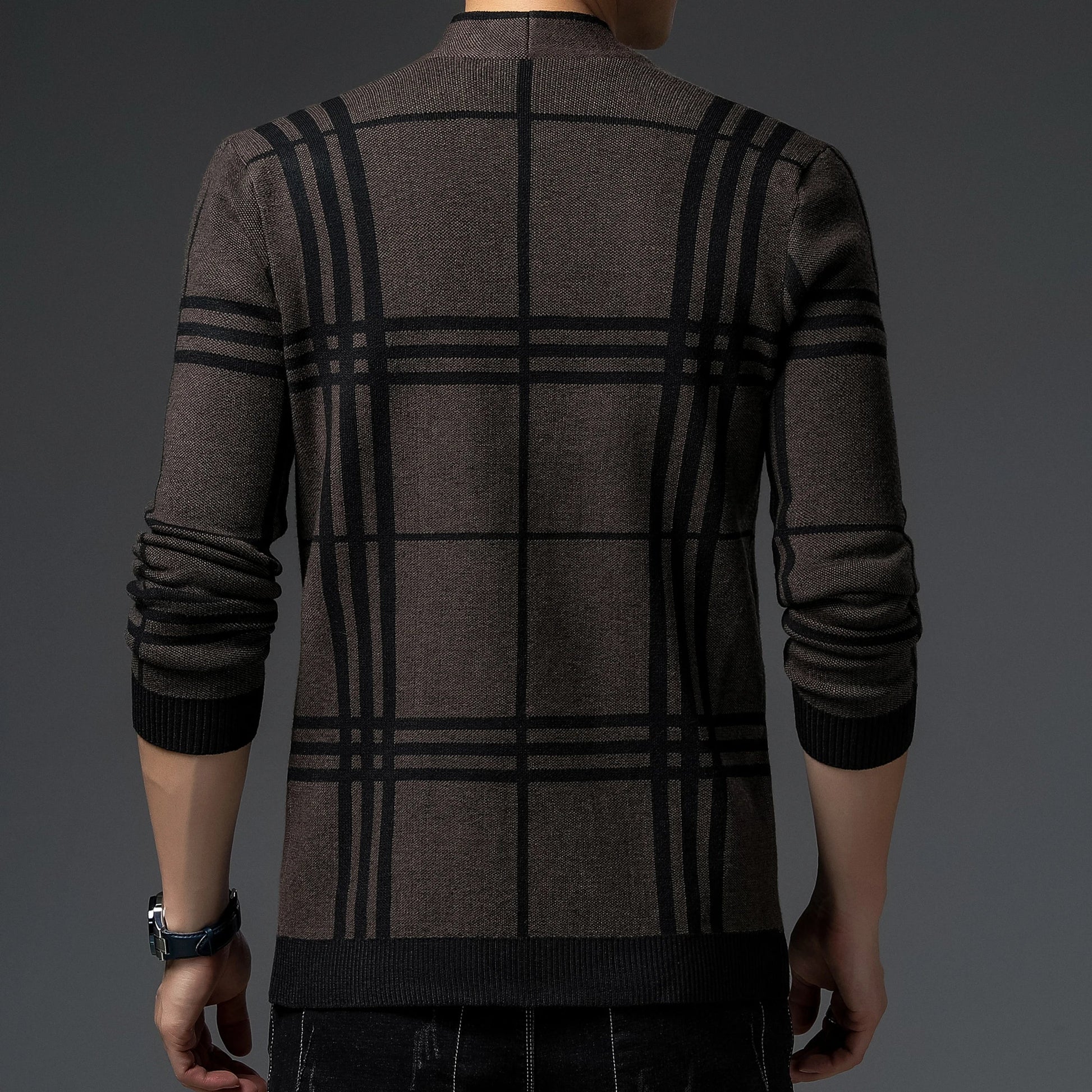 Classic men's plaid cardigan sweater in charcoal, a comfortable open-front layering piece.