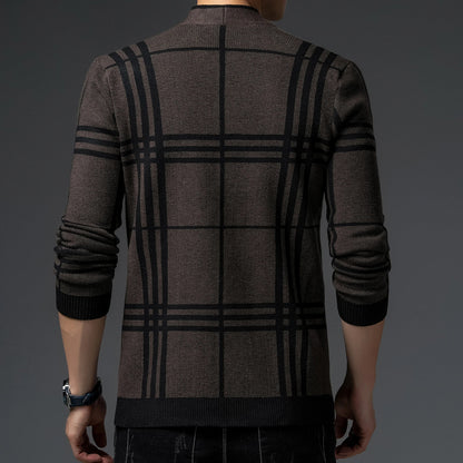 Classic men's plaid cardigan sweater in charcoal, a comfortable open-front layering piece.