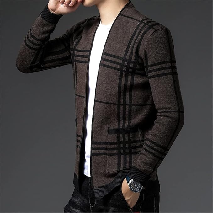 Effortless men's plaid open-front cardigan sweater, perfect for sophisticated style.