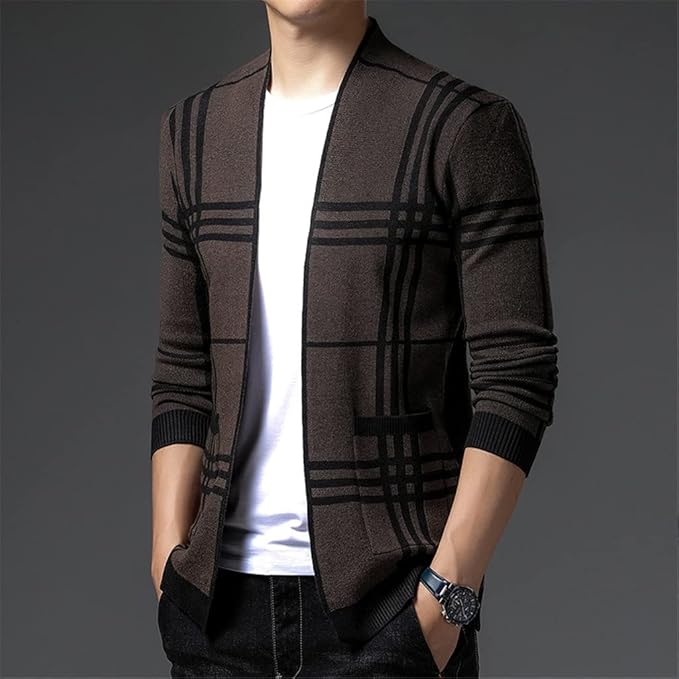 Casual men's grey plaid open-front sweater, comfortable and versatile for everyday style.