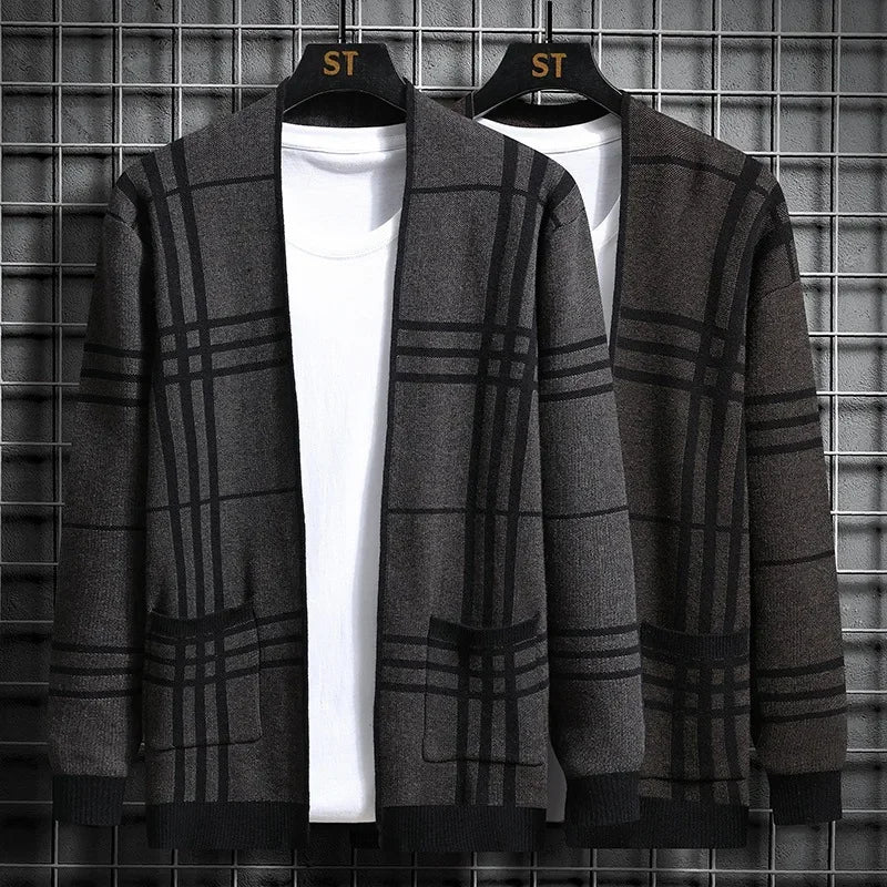 Tailored men's brown plaid open-front cardigan sweater, a sophisticated layering option.