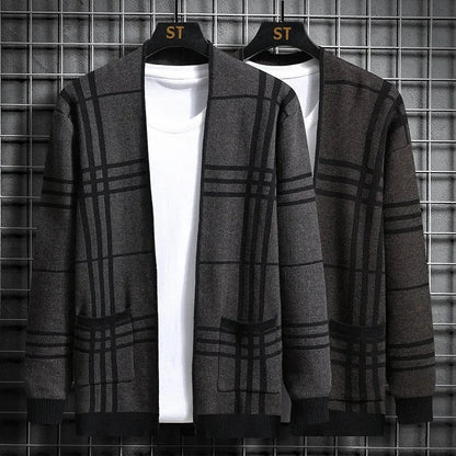 Tailored men's brown plaid open-front cardigan sweater, a sophisticated layering option.