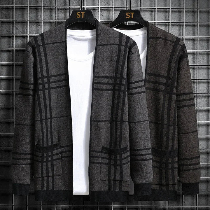 Tailored men's brown plaid open-front cardigan sweater, a sophisticated layering option.