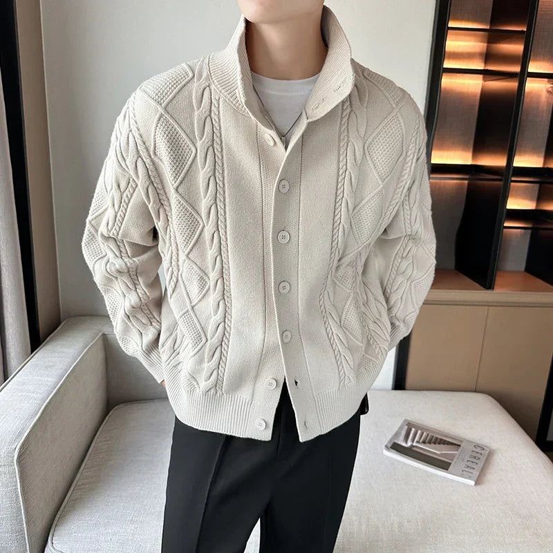 Stylish men's cable knit cardigan featuring a chunky texture, button front, and relaxed fit for versatile casual layering.