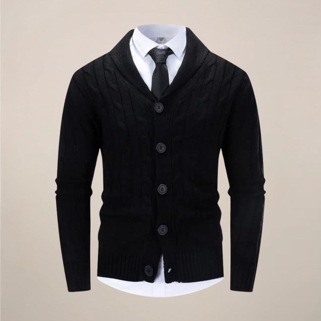 Men's chunky knit cardigan with a shawl collar, perfect for stylish winter and fall layered looks.