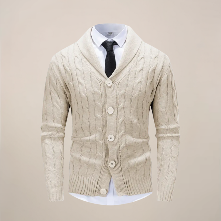 Cozy men's smart casual chunky knit button-up cardigan. Ideal for classic fall and winter fashion.