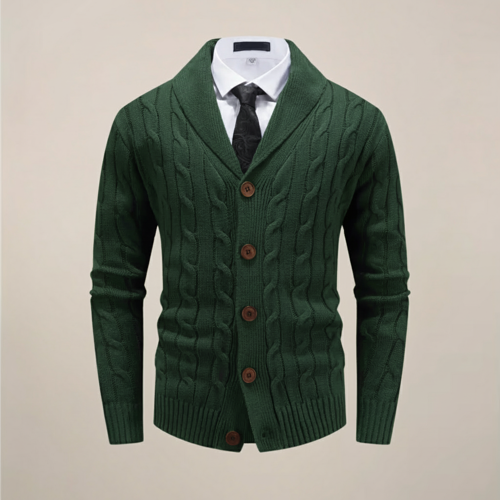 Soft, warm men's chunky knit shawl collar sweater. A cozy button-up cardigan for stylish winter outfits.