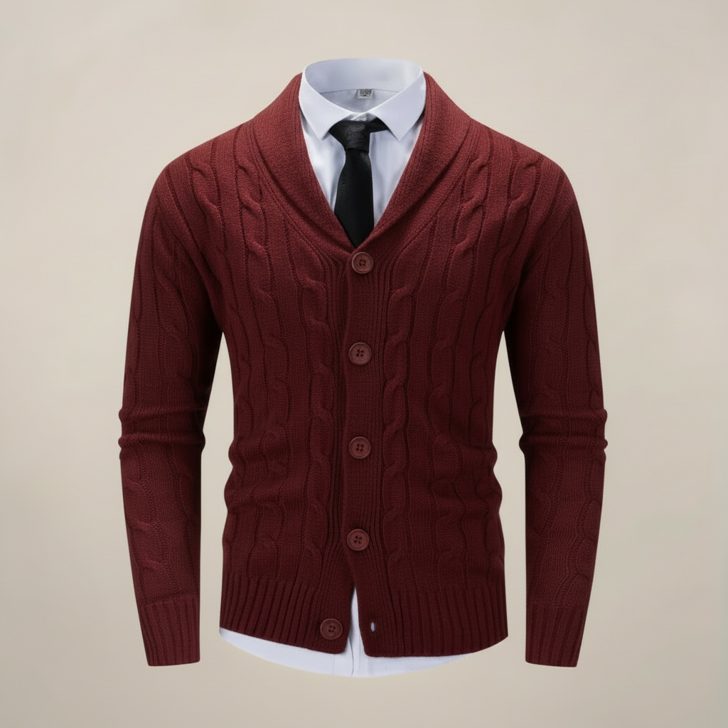 Stylish men's chunky knit shawl collar cardigan, a cozy and classic button-up sweater for fall and winter fashion.