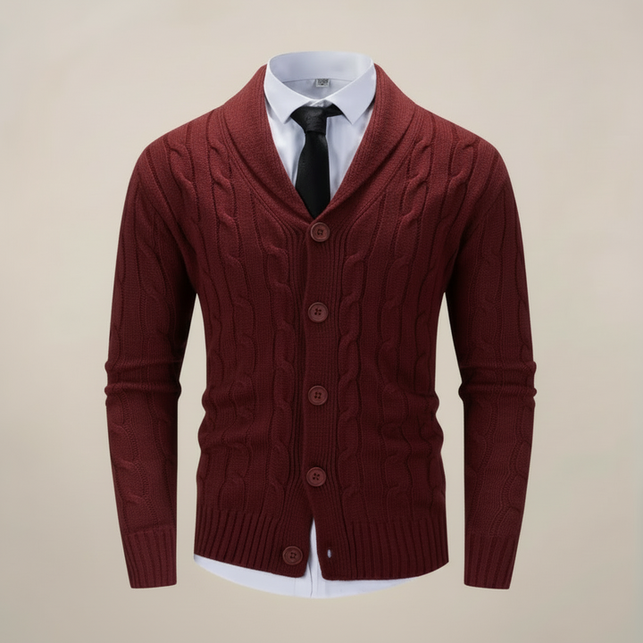 Stylish men's chunky knit shawl collar cardigan, a cozy and classic button-up sweater for fall and winter fashion.