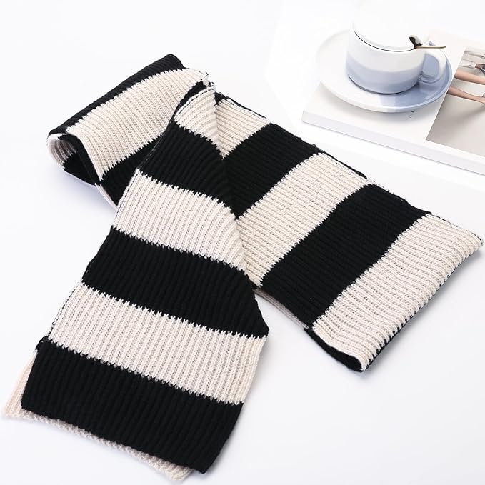 Men's striped chunky knit winter scarf, offering warmth and style in cold weather.