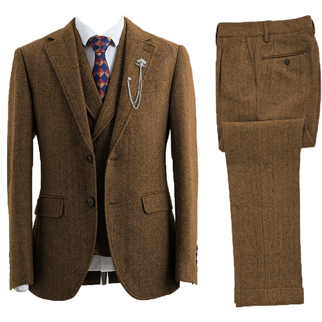 Elegant men's 3-piece herringbone suit jacket and vest, ideal for business or wedding.