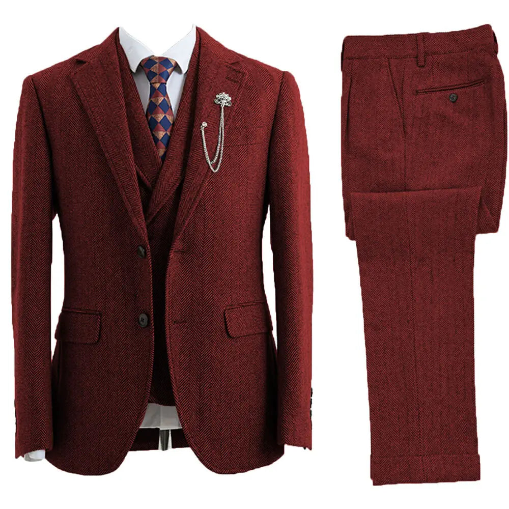 Complete men's classic 3-piece herringbone suit with white shirt and tie for formal events.