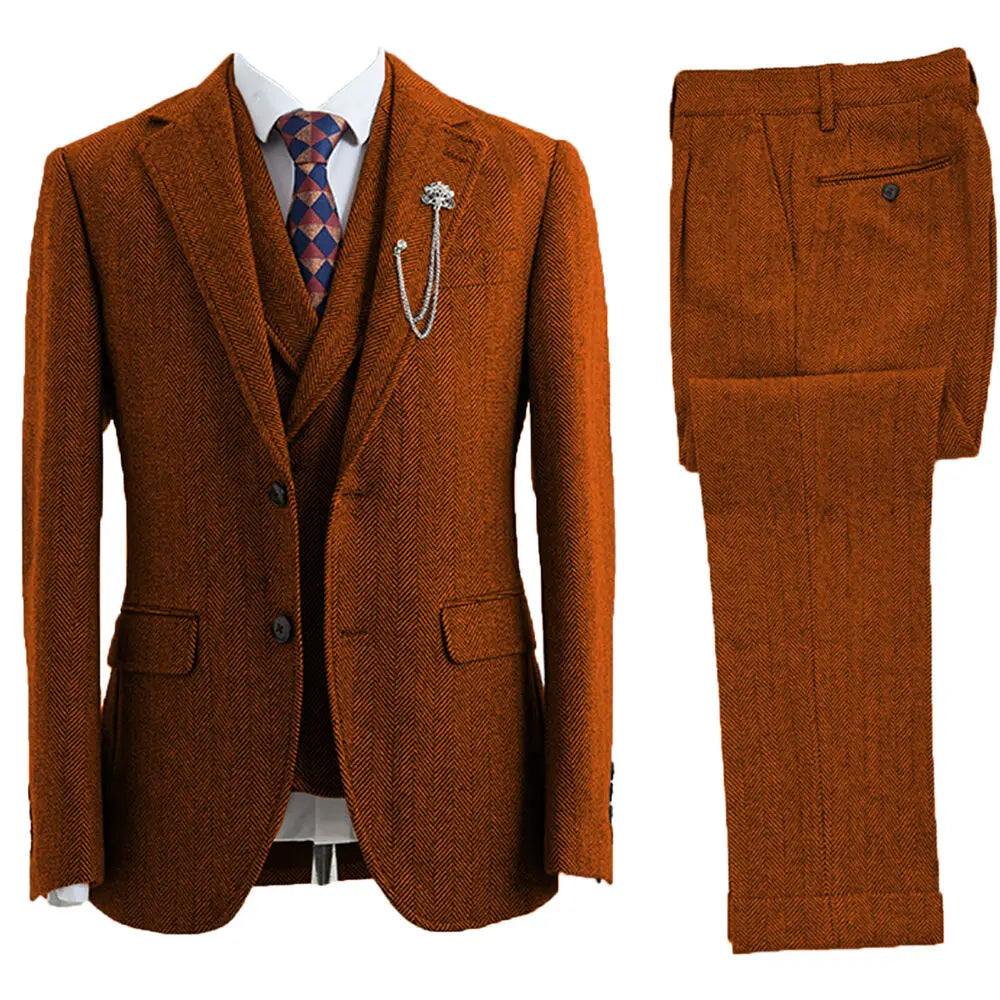 Expertly tailored men's 3-piece herringbone suit, offering a sharp, modern formal look.