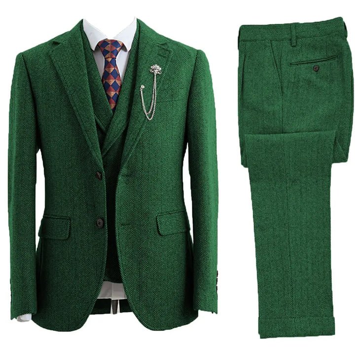 Full-length view of a classic men's 3-piece herringbone suit, showcasing impeccable fit & style.