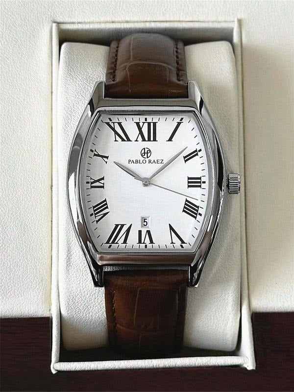 Men's classic analog watch with date display, silver case, black leather strap, elegant.