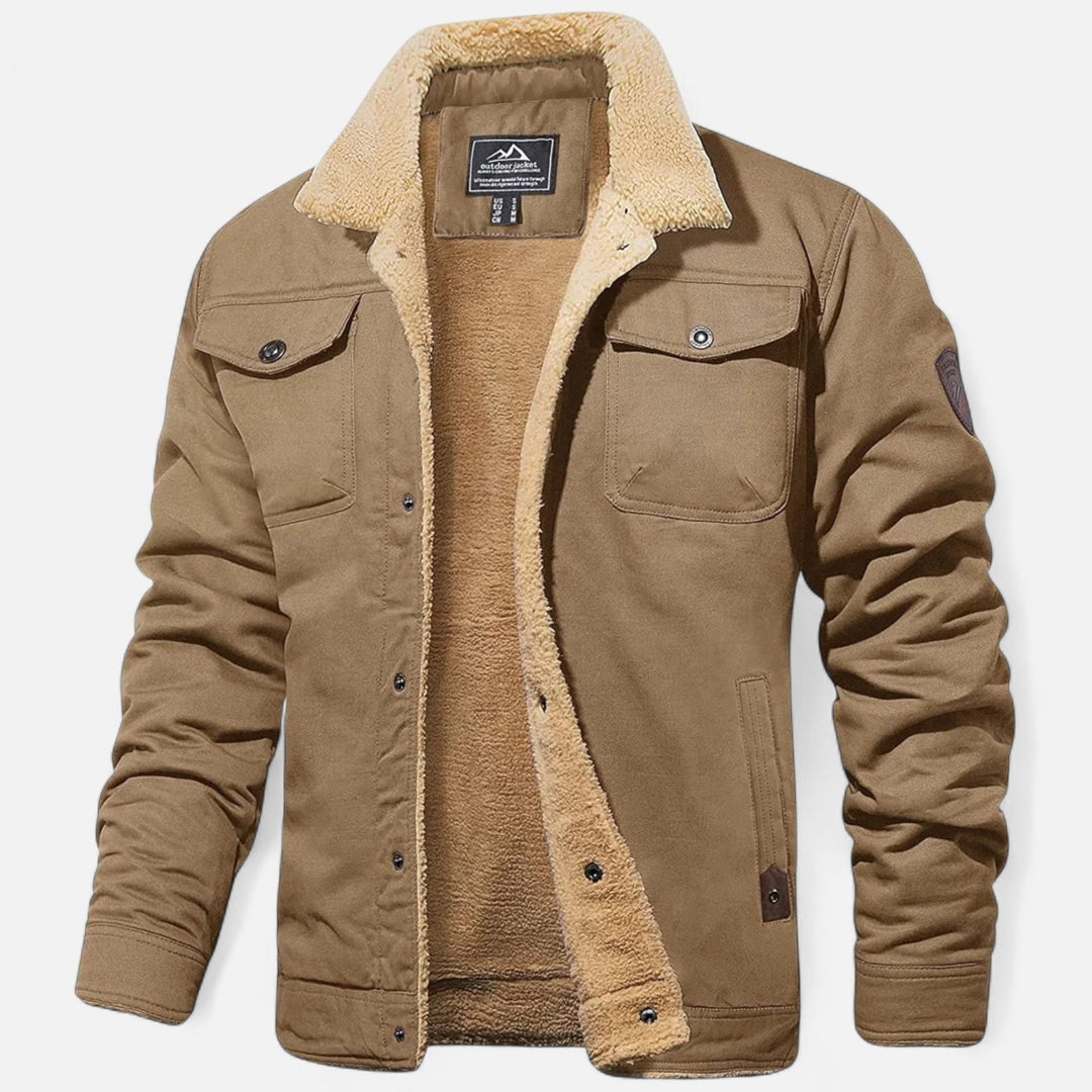 Men's stylish winter jacket: a warm aviator bomber with a soft sherpa collar for cold days.