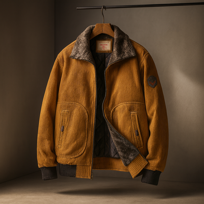 Stylish men's aviator jacket in khaki, designed for warm winter wear. Classic outerwear for a retro casual look.