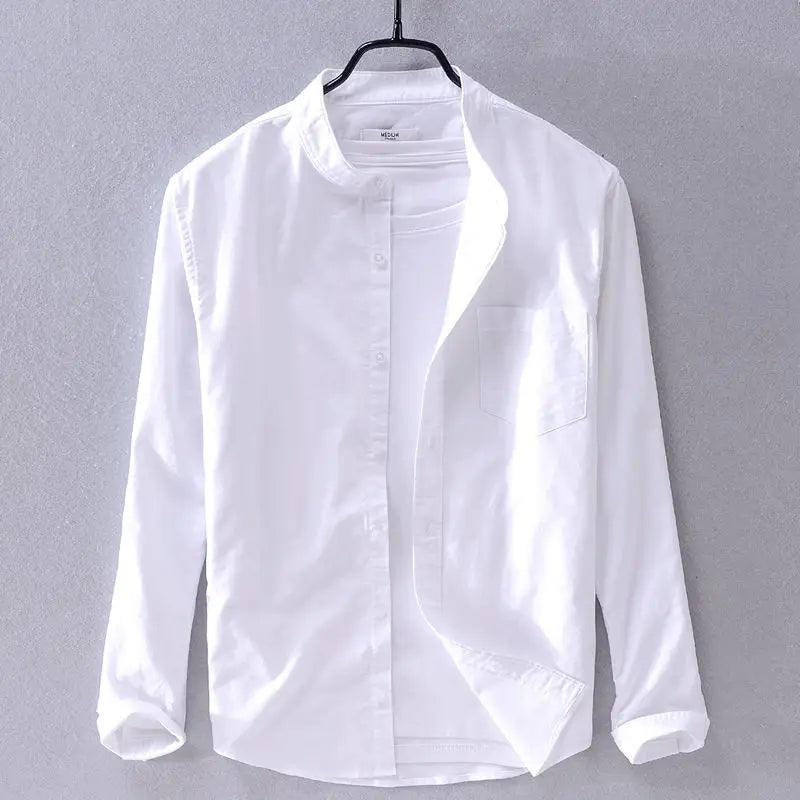 Men's classic band shirt, relaxed fit, short sleeve button-up. Ideal for casual, comfortable everyday wear.