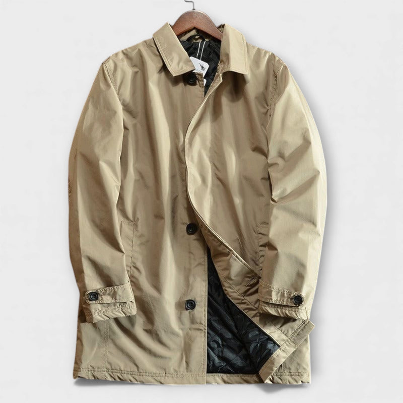 Men's classic beige trench coat, perfect for business casual or fashionable outerwear. Versatile and stylish overcoat.