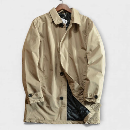 Men's classic beige trench coat, perfect for business casual or fashionable outerwear. Versatile and stylish overcoat.