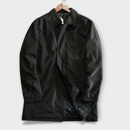 Stylish black men's trench coat, a classic overcoat offering effortless style for business casual attire.