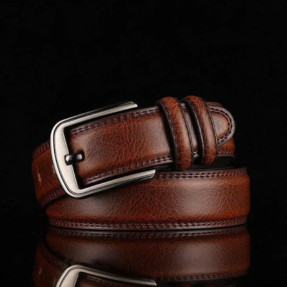 Men's classic black leather belt with brushed metal buckle. Versatile for formal or casual outfits.