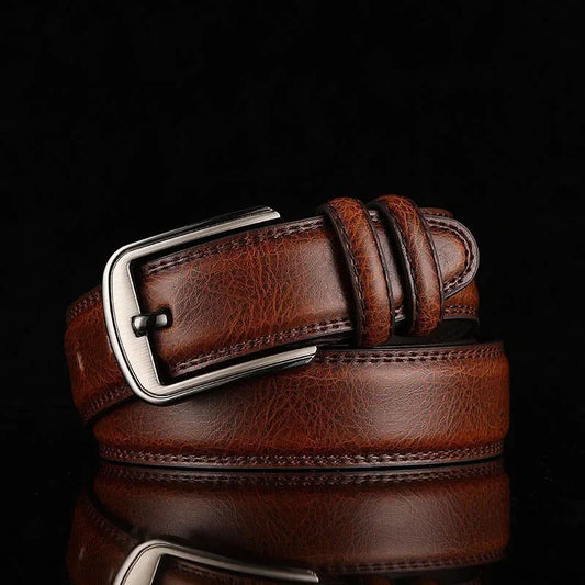 Men's classic black leather belt with brushed metal buckle. Versatile for formal or casual outfits.