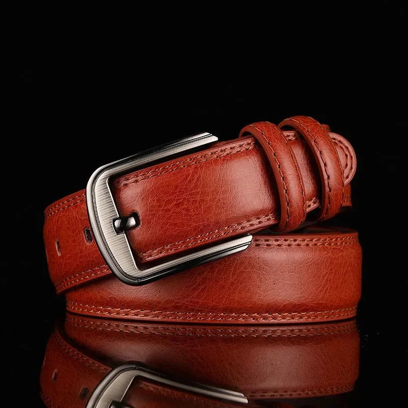 Durable men's coffee brown split leather belt with a sleek brushed buckle. Perfect men's accessory.