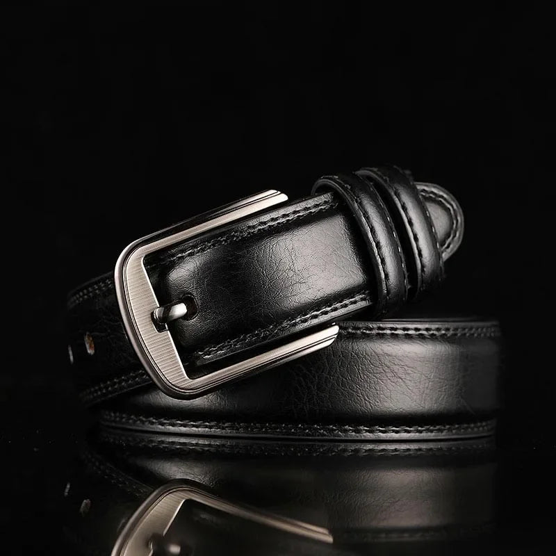Classic men's red-brown split leather belt with a subtle brushed metal buckle. Ideal for any occasion.