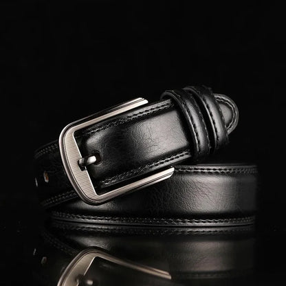 Classic men's red-brown split leather belt with a subtle brushed metal buckle. Ideal for any occasion.