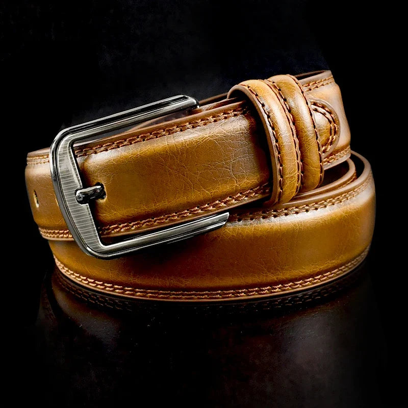 Stylish men's camel leather belt with a brushed buckle. A durable and versatile accessory for men.