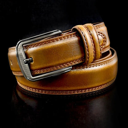 Stylish men's camel leather belt with a brushed buckle. A durable and versatile accessory for men.