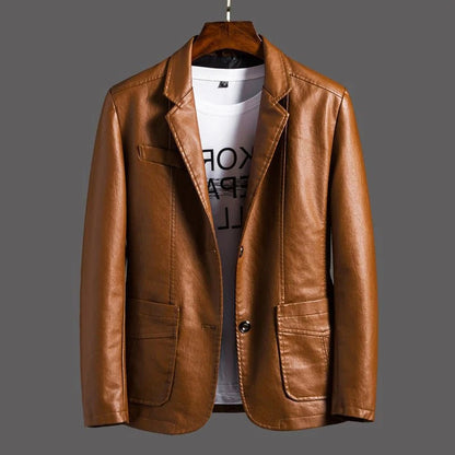 Stylish men's red leather biker jacket, offering a bold and classic look for modern all-season men's fashion.