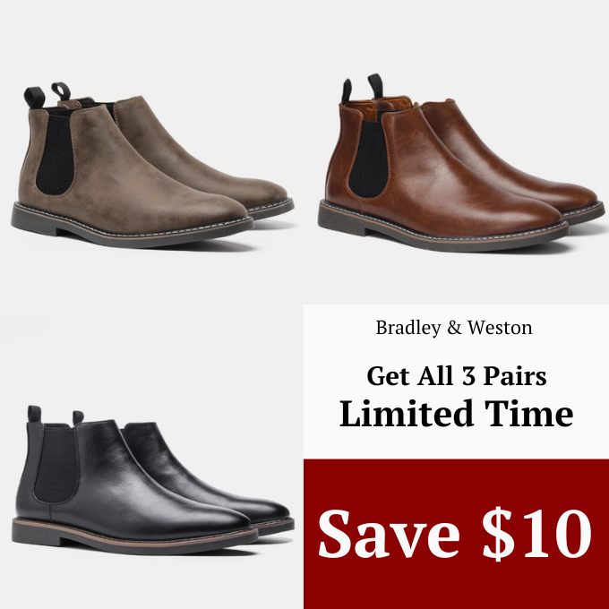 Pair of classic men's black leather Chelsea boots, ready for comfortable & durable all-day wear. Fashionable.