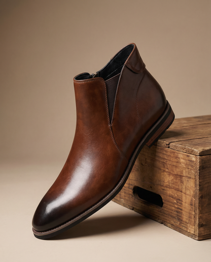 Durable men's side-zip leather Chelsea boots, classic style, great for everyday wear, casual & formal.