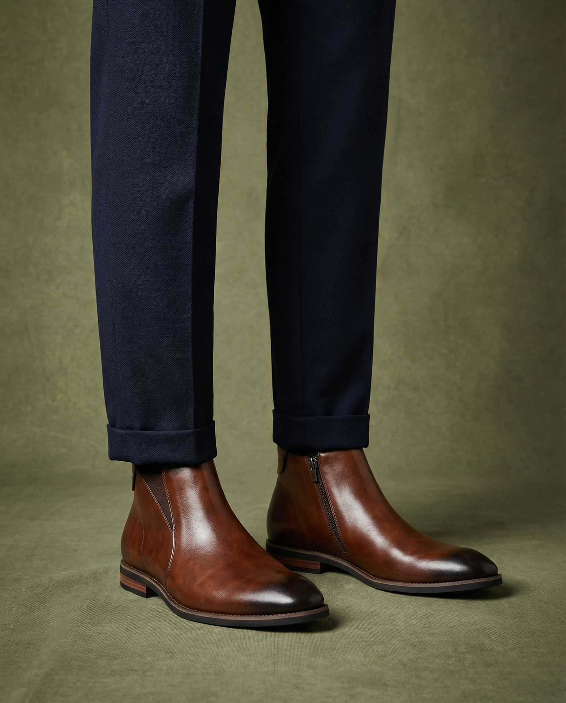 Close-up of men's durable leather Chelsea boots, featuring a convenient side-zip and classic silhouette.