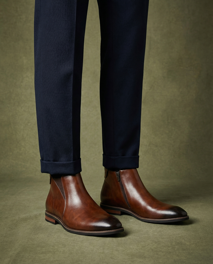 Close-up of men's durable leather Chelsea boots, featuring a convenient side-zip and classic silhouette.