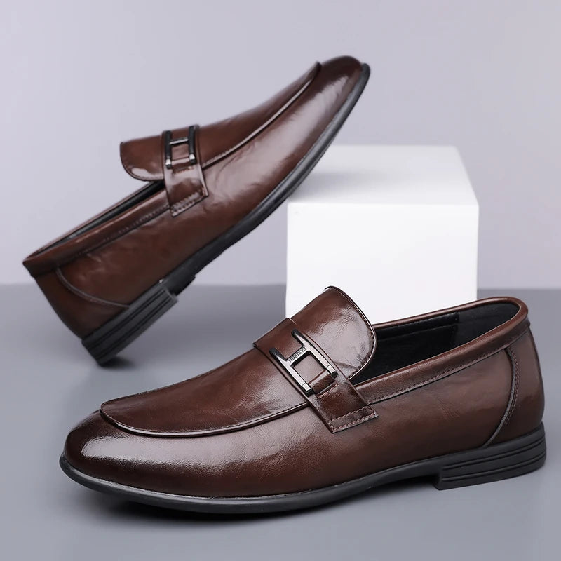 Side view of men's polished black leather oxford dress shoes, highlighting classic style & craftsmanship.