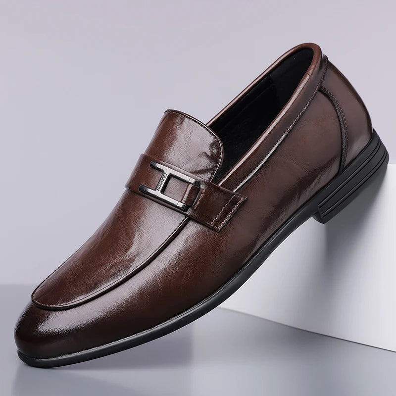 Pair of men's classic brown lace-up oxford dress shoes, essential elegant footwear for formal outfits.
