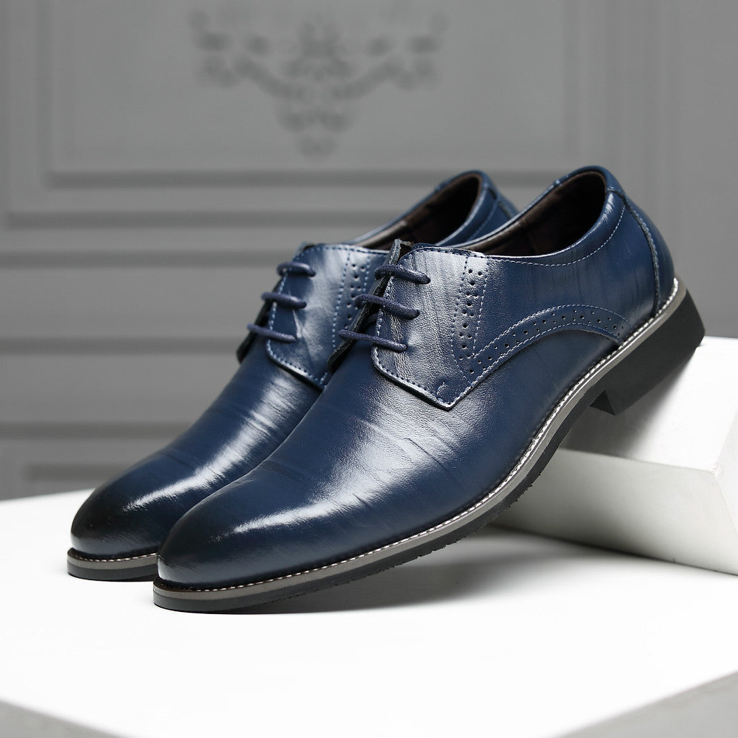 Detailed close-up of premium polished leather on men's black Oxford formal shoes.