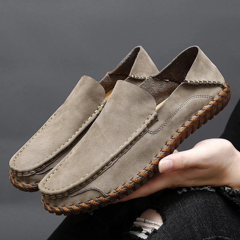 Stylish men's beige slip-on loafers, classic casual footwear for modern fashion.