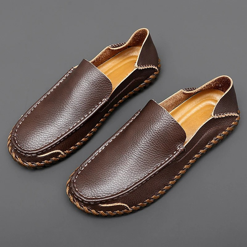 Comfortable brown slip-on loafers for men, perfect for both dressy & casual outfits.