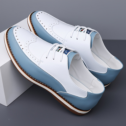 Top-down view of men's elegant blue brogue dress shoes, showcasing timeless design and comfortable fit.