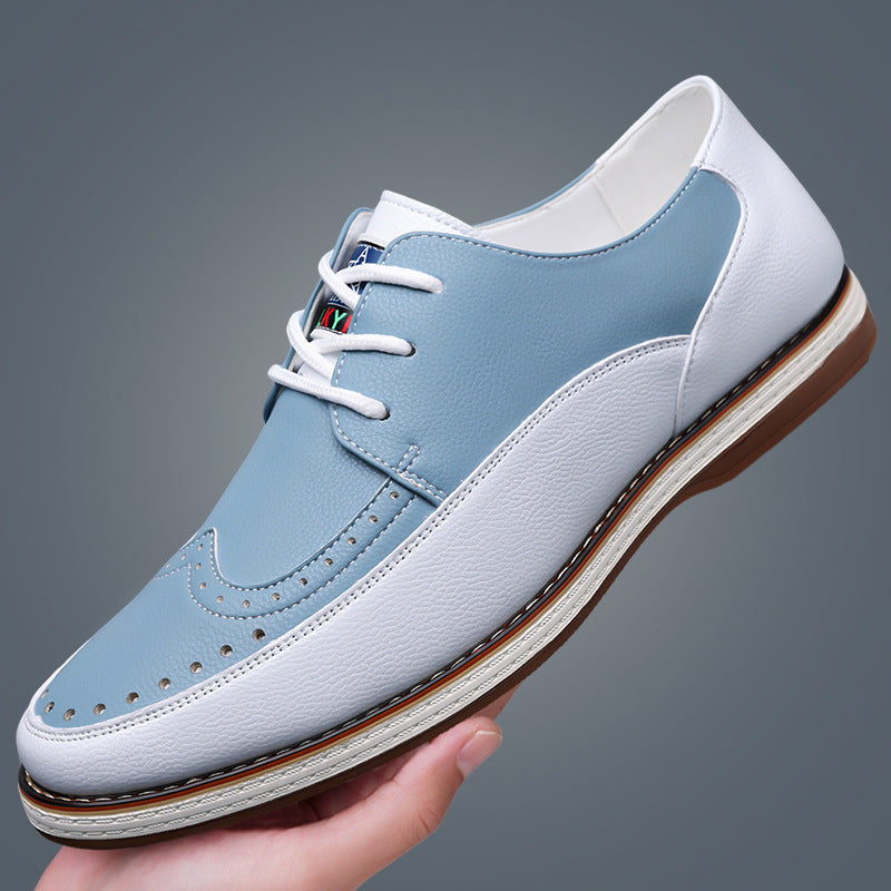 Detailed broguing on stylish men's blue leather oxford shoes. Features classic design & cushioned comfort.
