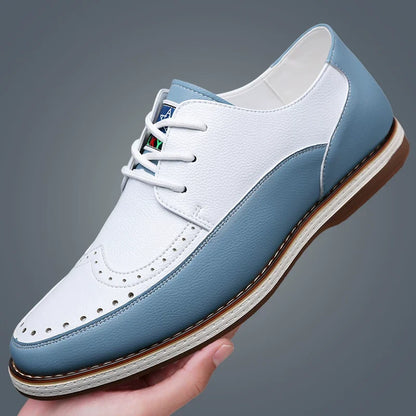 Close-up of cushioned sole on men's blue brogue dress shoes, highlighting comfort technology for long wear.